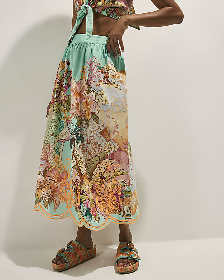 Green Cutwork Midi Skirt
