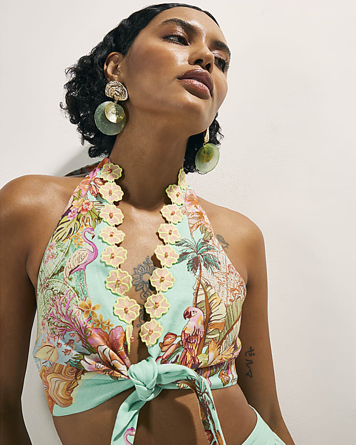 Green Tie Halter Neck Top
