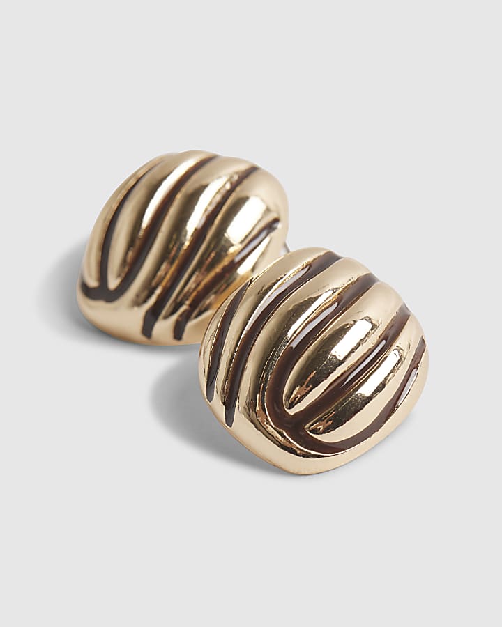 Brown Ridged Stripe Stud Earrings