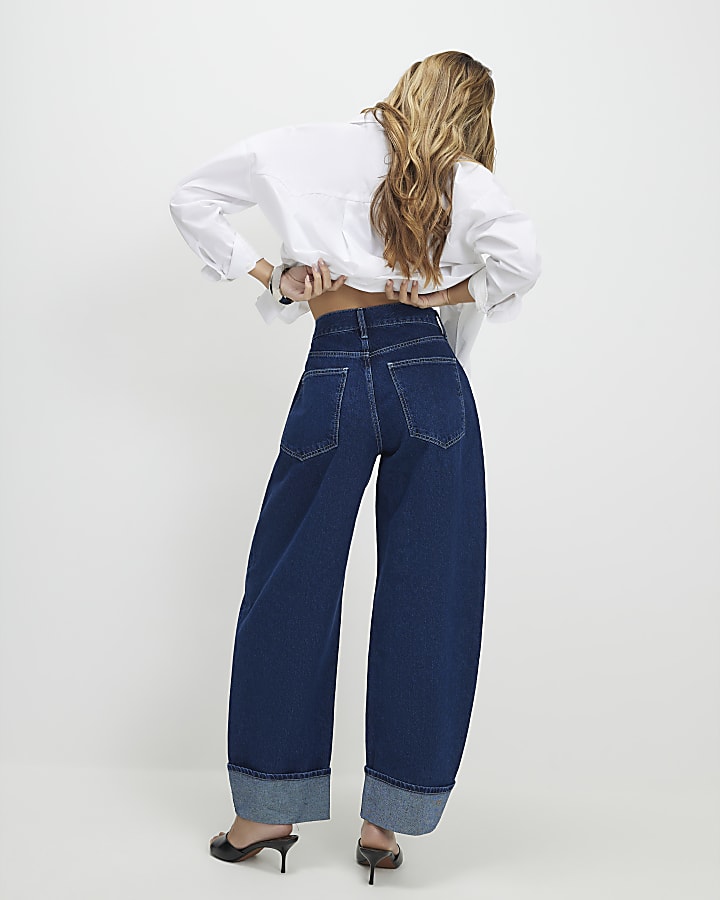 Blue Turn Up Cuff Barrel Leg Jeans
