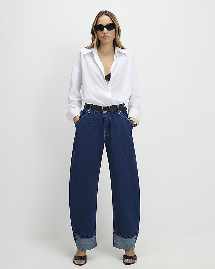 Blue Turn Up Cuff Barrel Leg Jeans