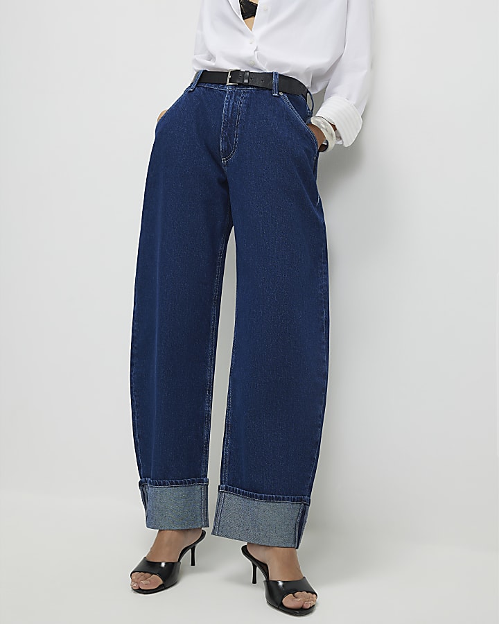 Blue Turn Up Cuff Barrel Leg Jeans
