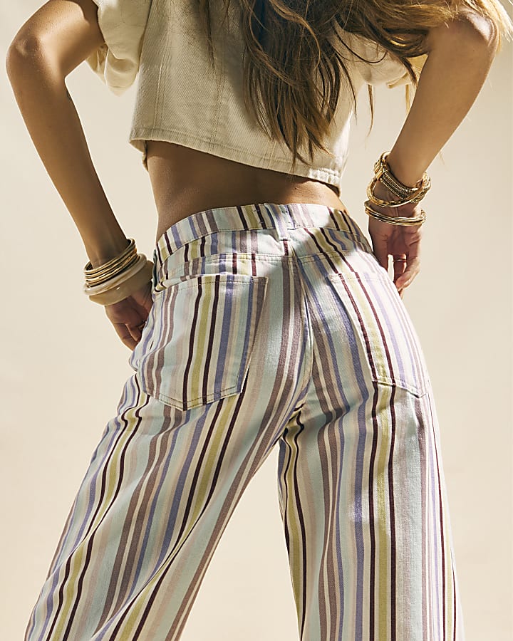 Purple Mid Rise Stripe Barrel Leg Jeans