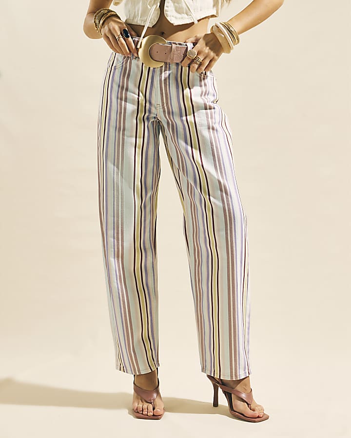 Purple Mid Rise Stripe Barrel Leg Jeans