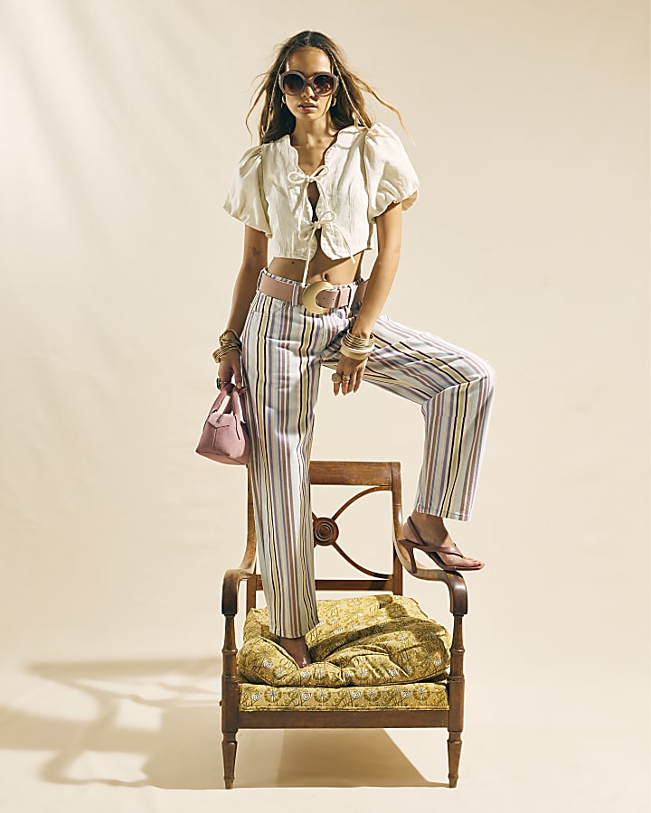 Purple Mid Rise Stripe Barrel Leg Jeans