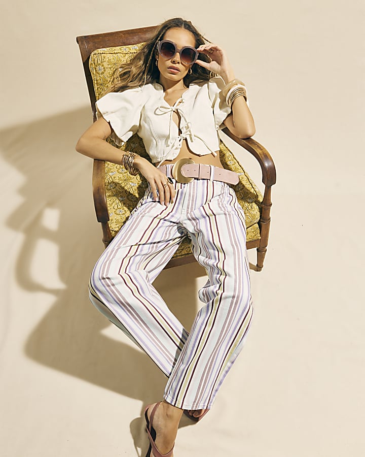 Purple Mid Rise Stripe Barrel Leg Jeans