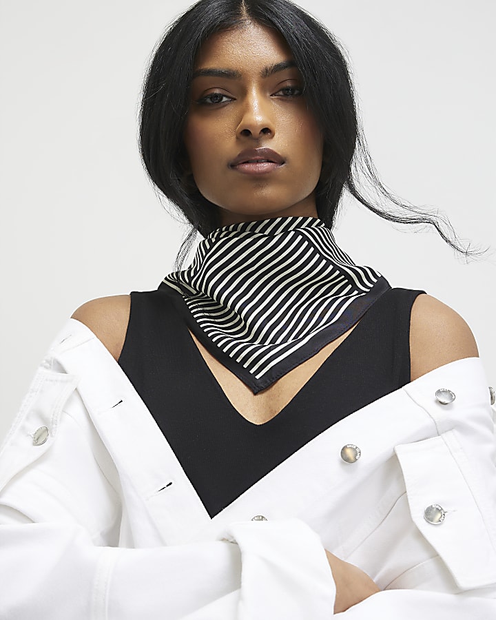 Black Mono Stripe Tie Up Scarf