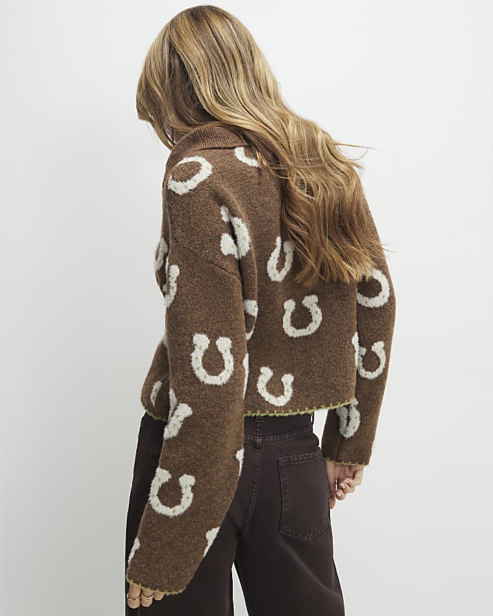 Brown Knitted Collared Horseshoe Cardigan