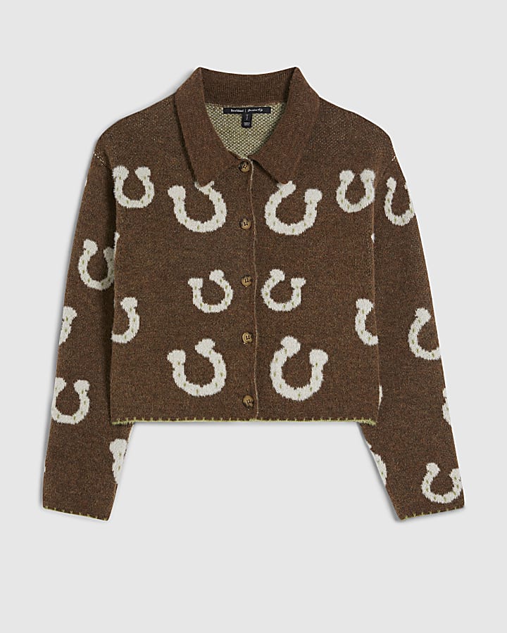 Brown Knitted Collared Horseshoe Cardigan