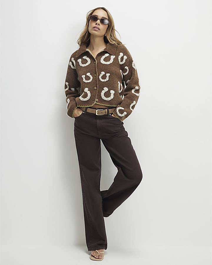 Brown Knitted Collared Horseshoe Cardigan
