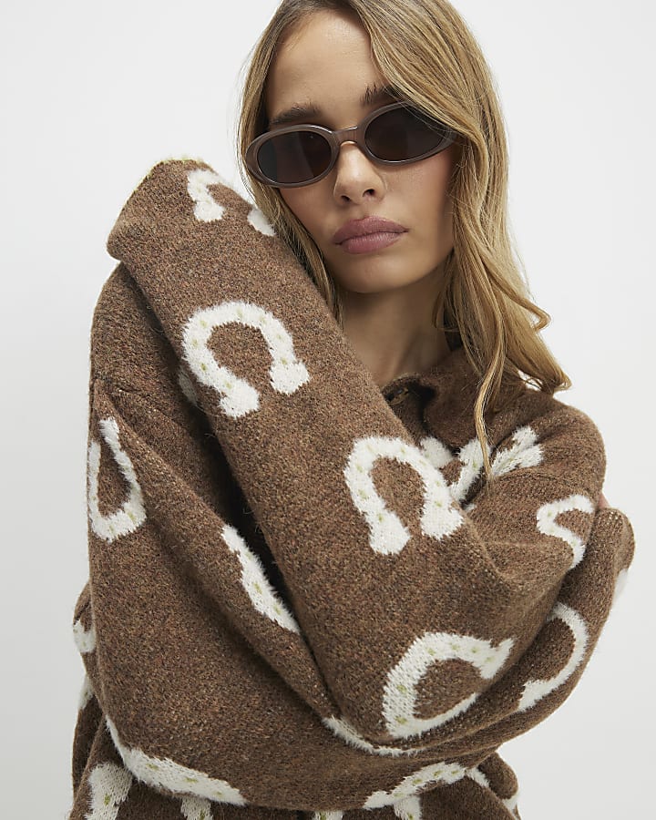 Brown Knitted Collared Horseshoe Cardigan