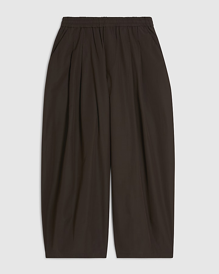Brown Poplin Barrel Leg Trousers