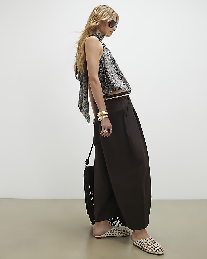 Brown Poplin Barrel Leg Trousers