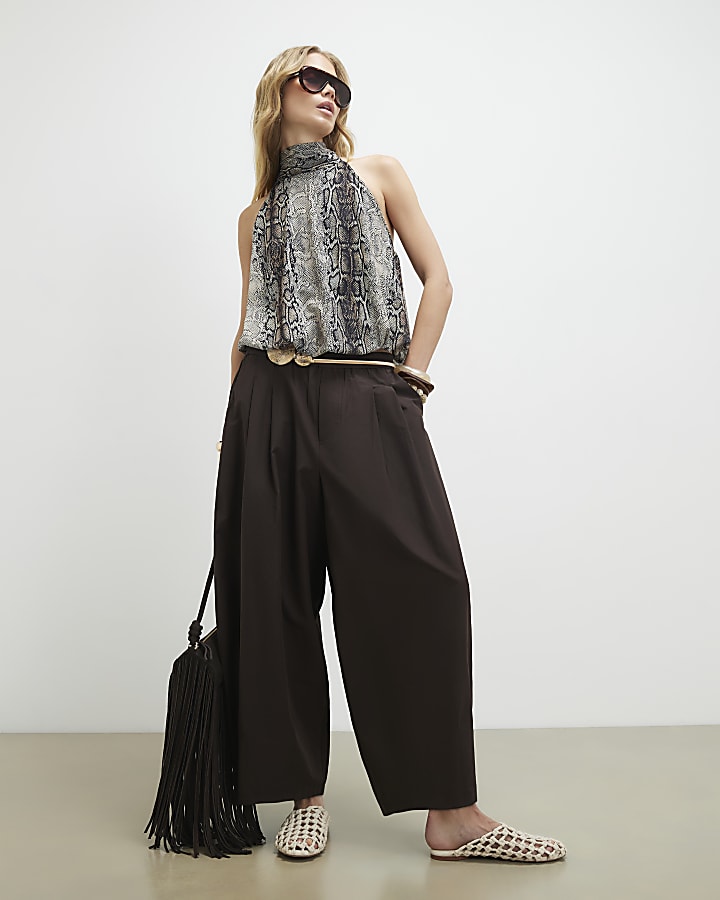 Brown Poplin Barrel Leg Trousers