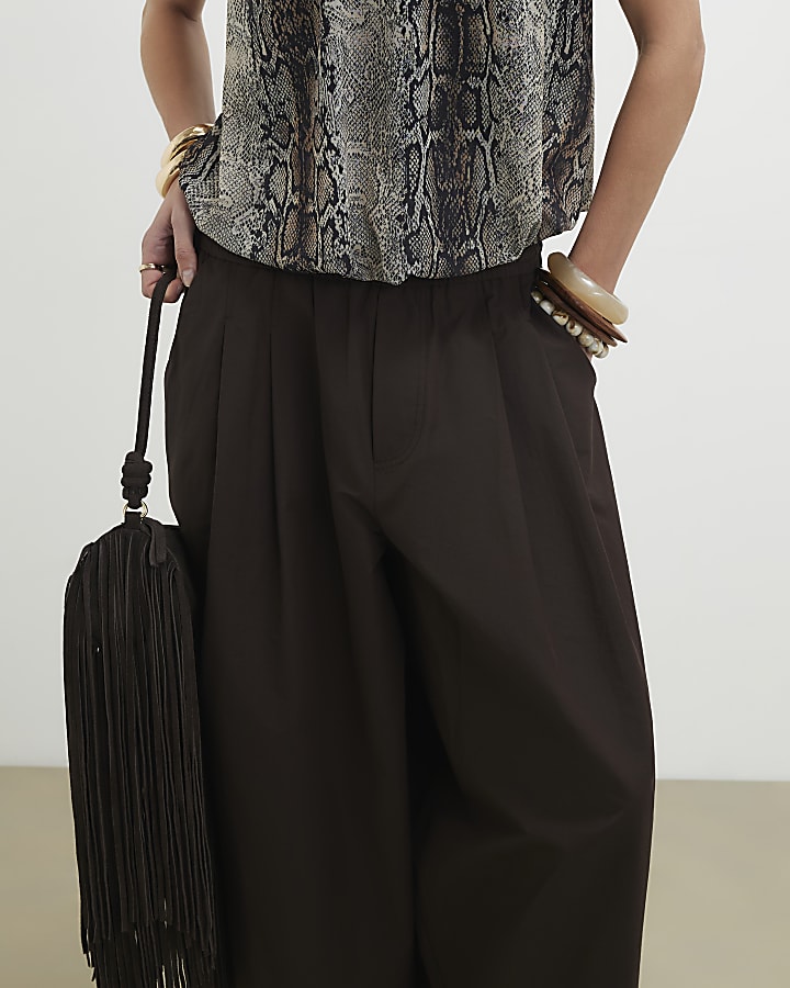 Brown Poplin Barrel Leg Trousers