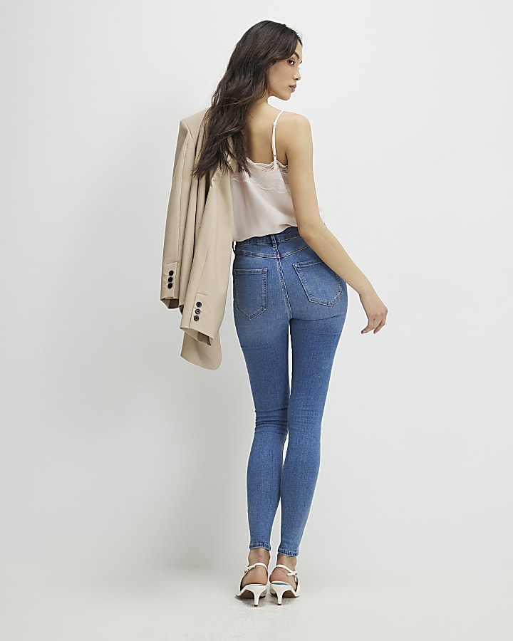 Blue Zip Front High Waisted Skinny Jeans