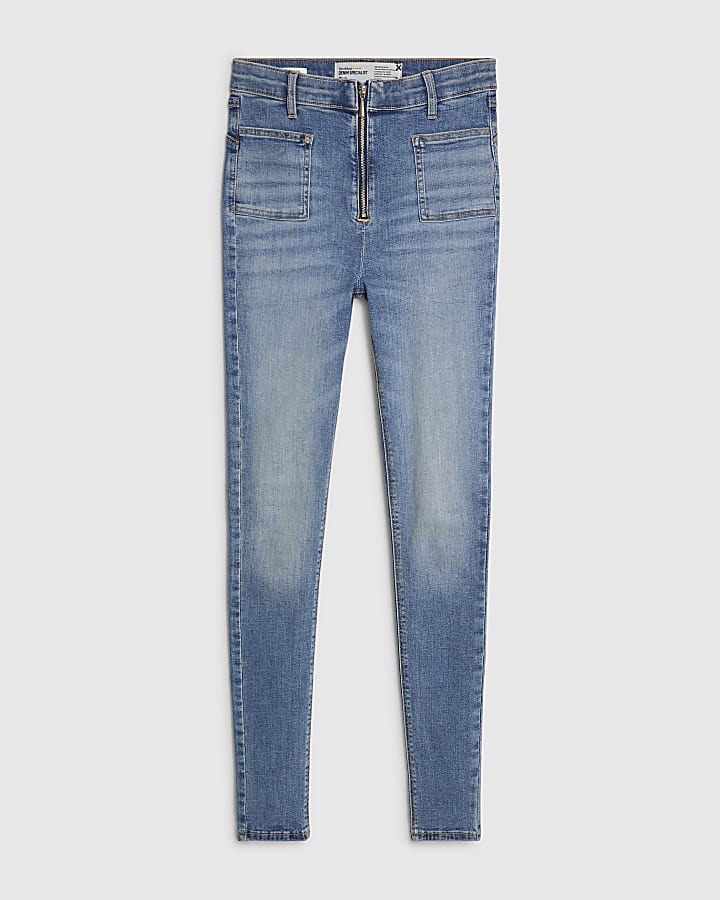 Blue Zip Front High Waisted Skinny Jeans