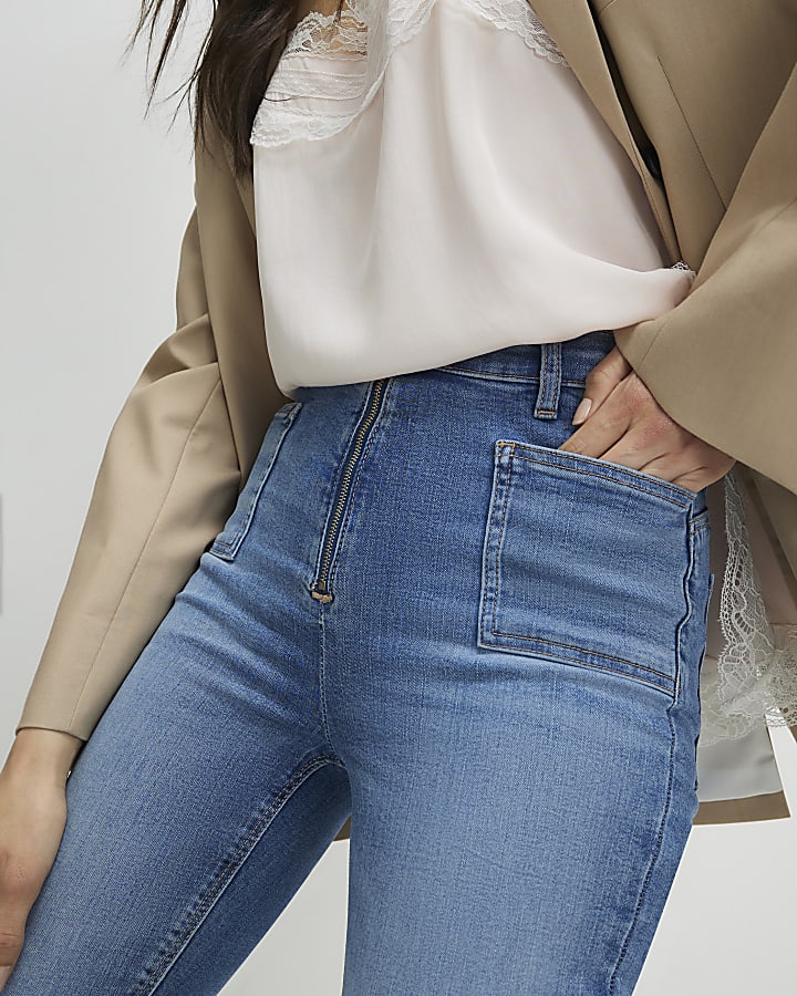 Blue Zip Front High Waisted Skinny Jeans