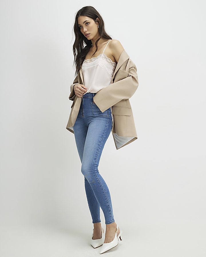 Blue Zip Front High Waisted Skinny Jeans