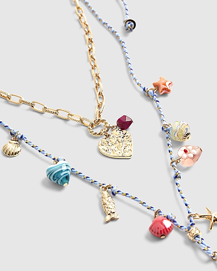 Blue Cord Charm Layered Necklace