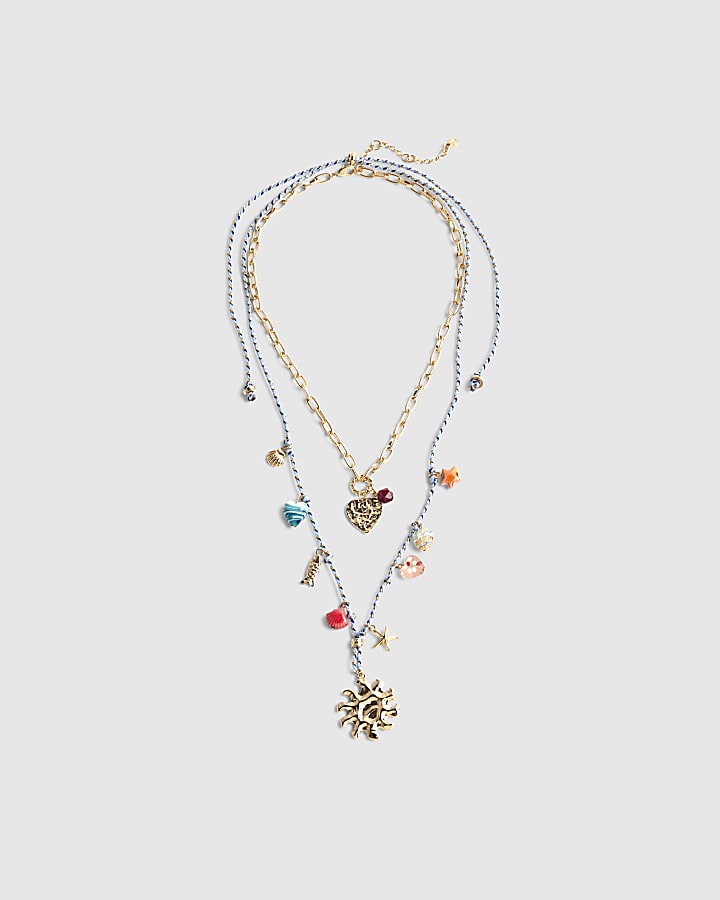 Blue Cord Charm Layered Necklace