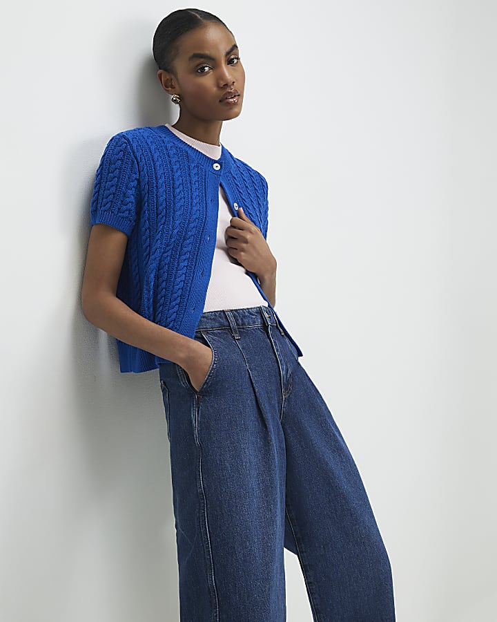 Blue Clean Waistband Barrel Leg Jeans