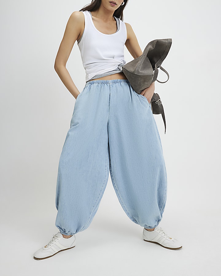 Blue Balloon Leg Denim Trousers