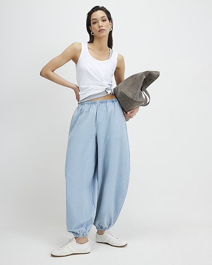Blue Balloon Leg Denim Trousers