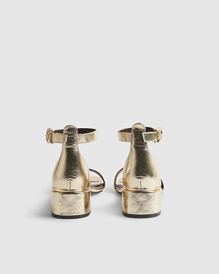 Gold Faux Leather Low Block Heel Sandals