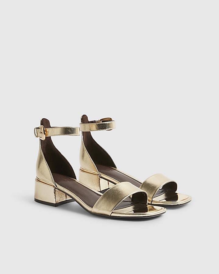Gold Faux Leather Low Block Heel Sandals