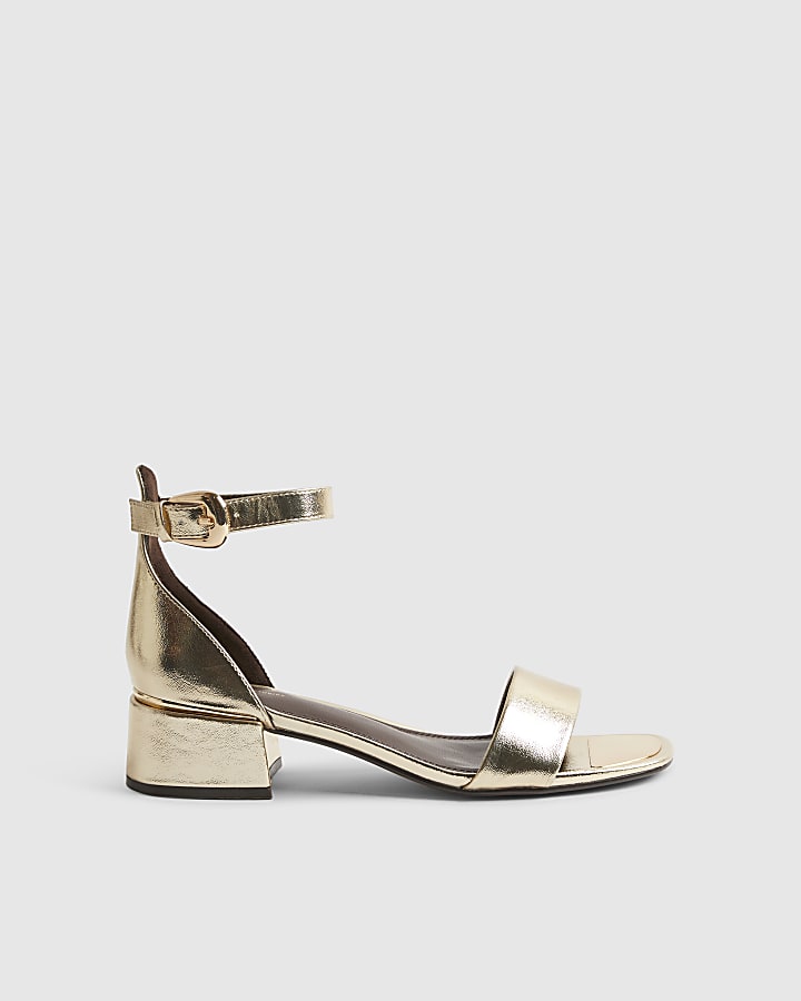 Gold Faux Leather Low Block Heel Sandals