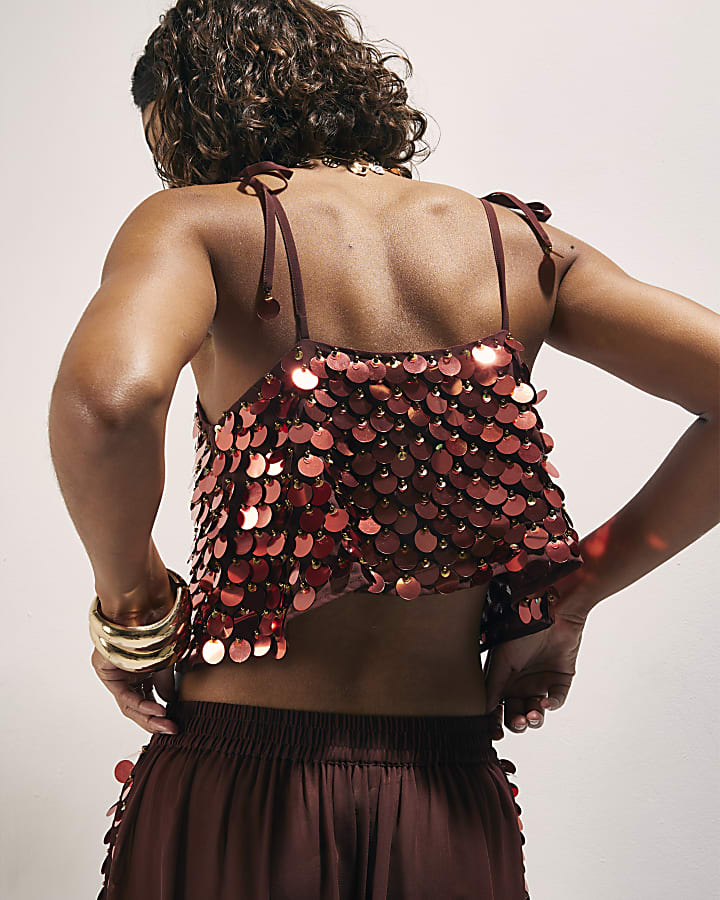 Brown Sequin Crop Top