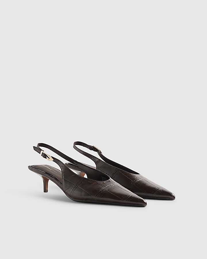 Brown Croc Print Sling Back Court Heels