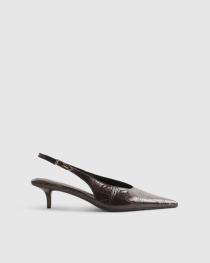 Brown Croc Print Sling Back Court Heels