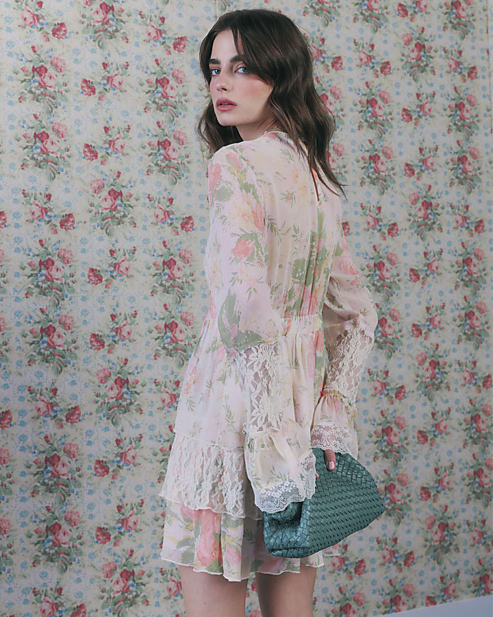 Cream Cutwork Lace Print Mini Dress