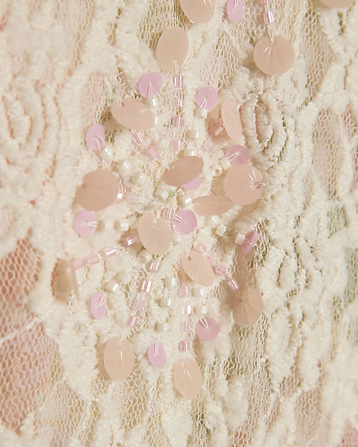 Cream Cutwork Lace Print Mini Dress