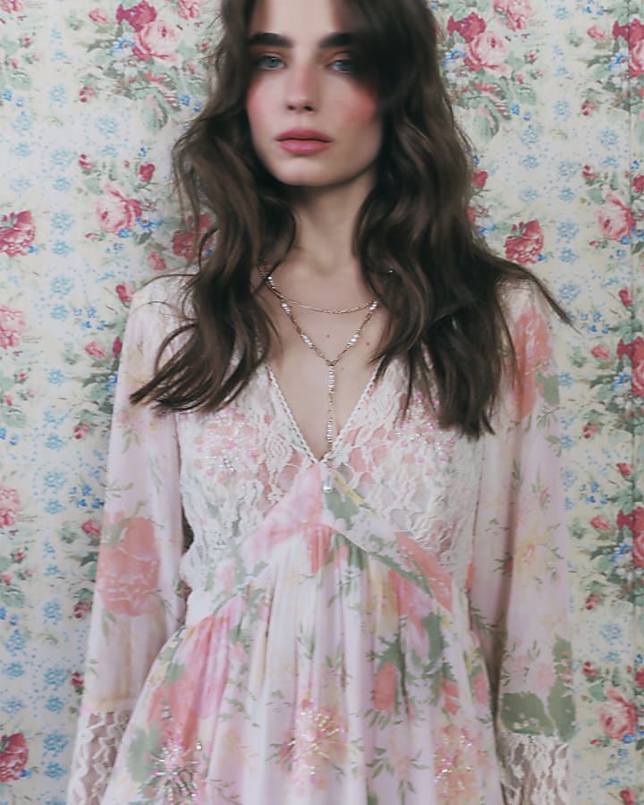 Cream Cutwork Lace Print Mini Dress