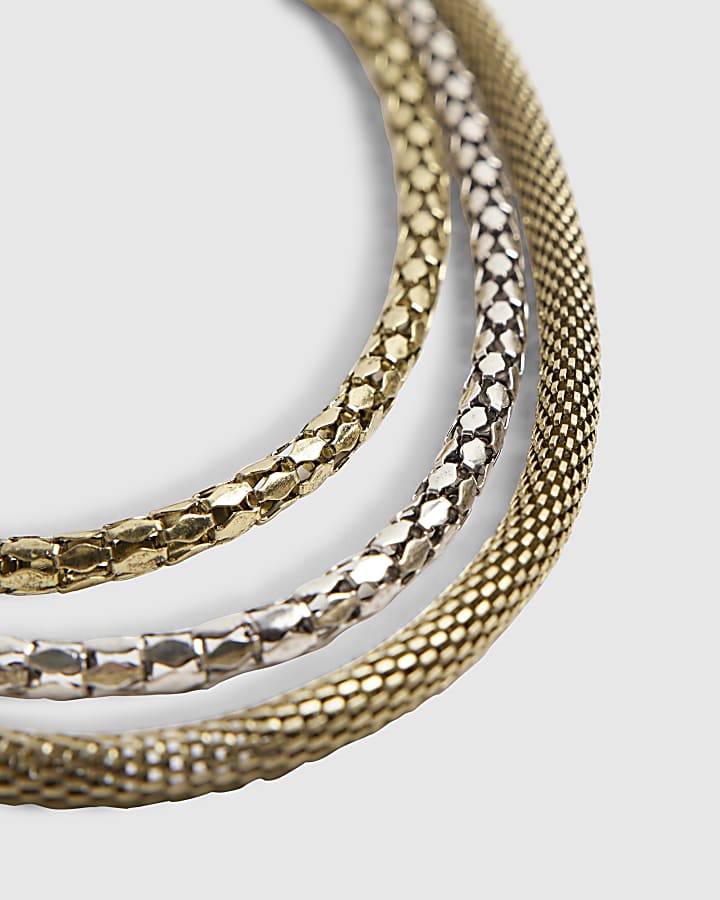 Gold Mixed Metal Multi Row Chain Necklace