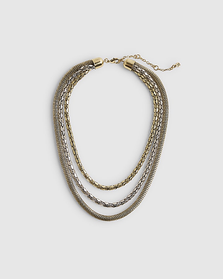 Gold Mixed Metal Multi Row Chain Necklace