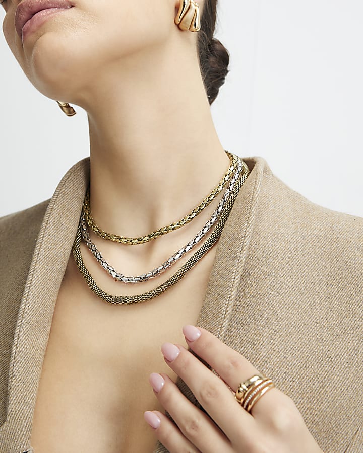Gold Mixed Metal Multi Row Chain Necklace