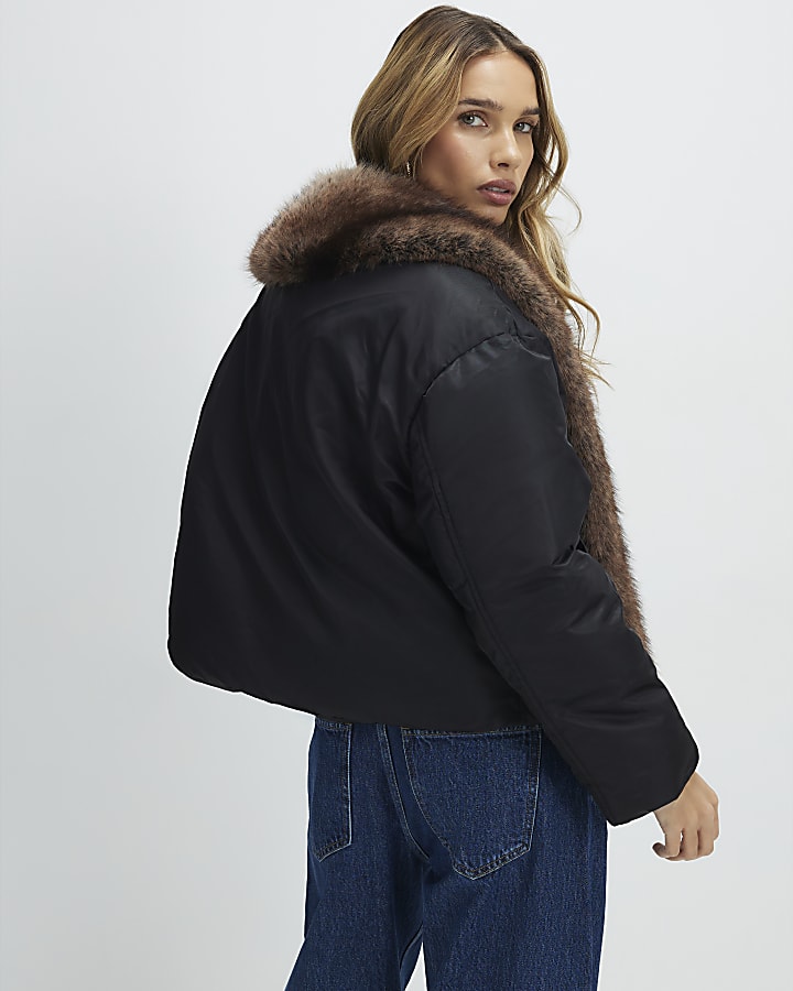 Black Faux Fur Trim Puffer Jacket