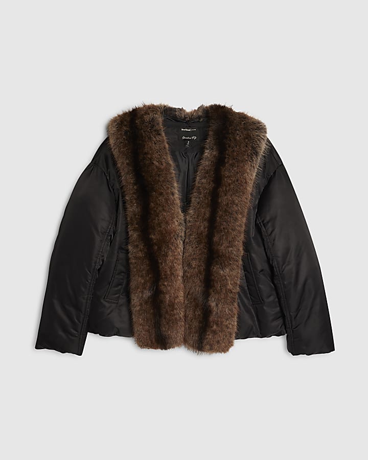 Black Faux Fur Trim Puffer Jacket