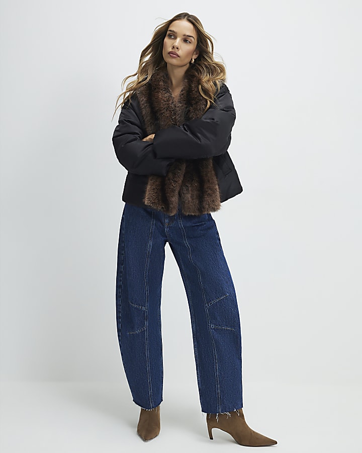 Black Faux Fur Trim Puffer Jacket