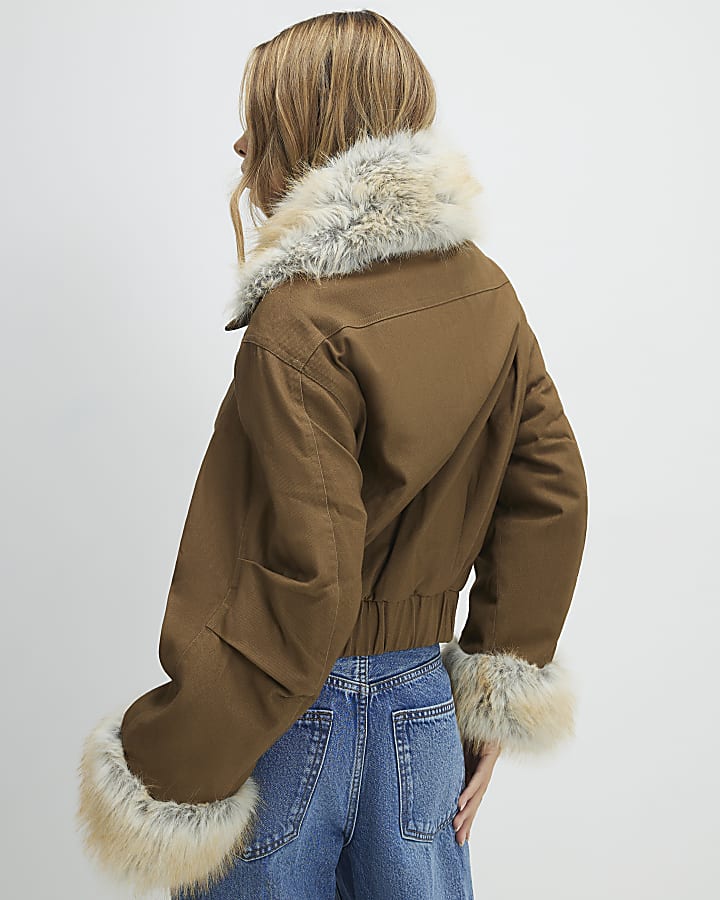 Khaki Faux Fur Trim Short Parka Jacket