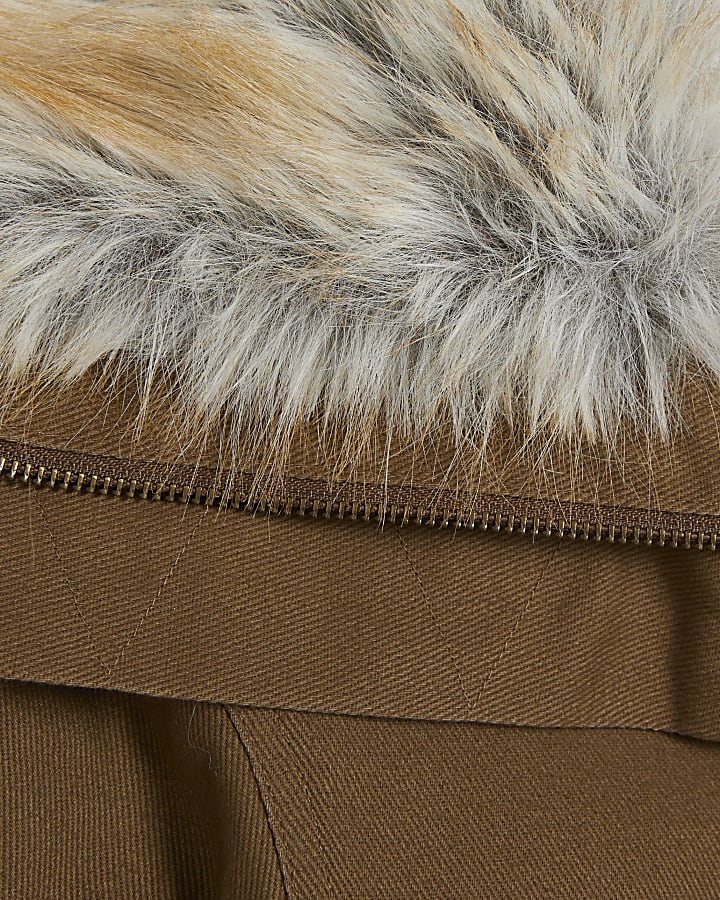 Khaki Faux Fur Trim Short Parka Jacket