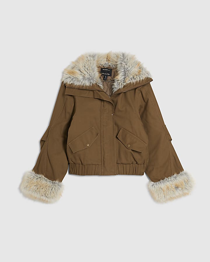 Khaki Faux Fur Trim Short Parka Jacket