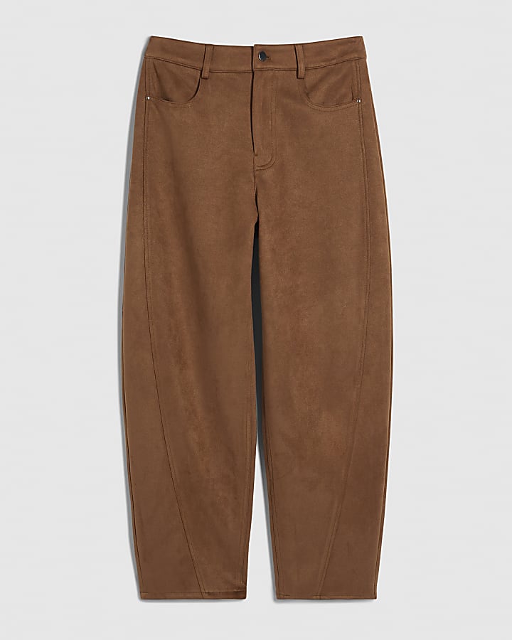 Brown Faux Suede Barrel Leg Trousers
