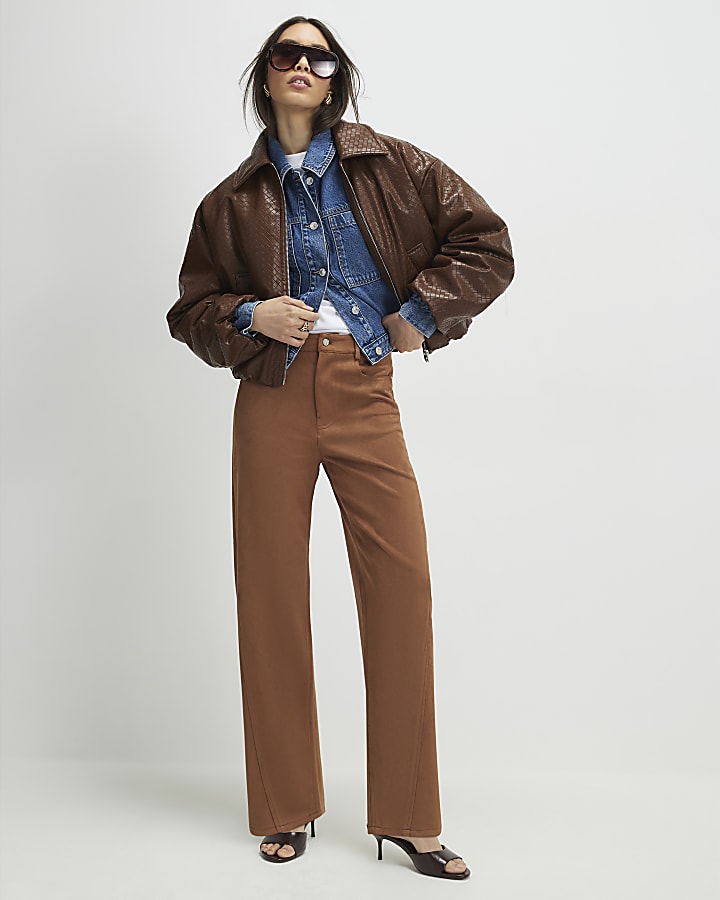 Brown Faux Suede Barrel Leg Trousers