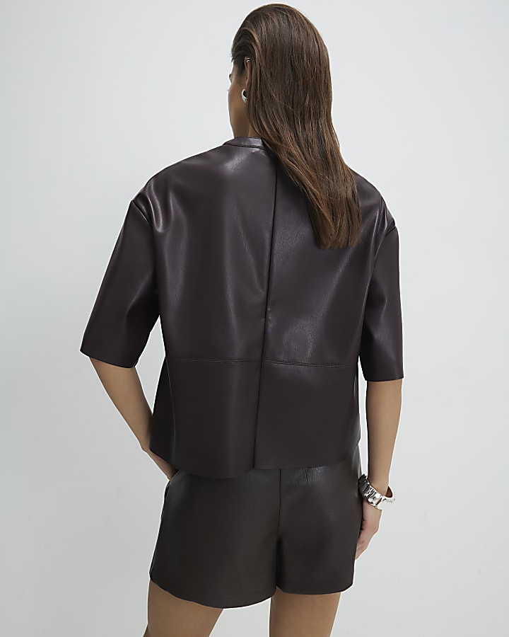 Red Faux Leather Seam Detail T-shirt