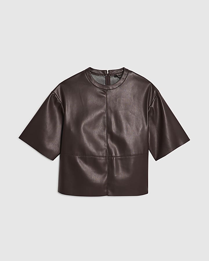 Red Faux Leather Seam Detail T-shirt